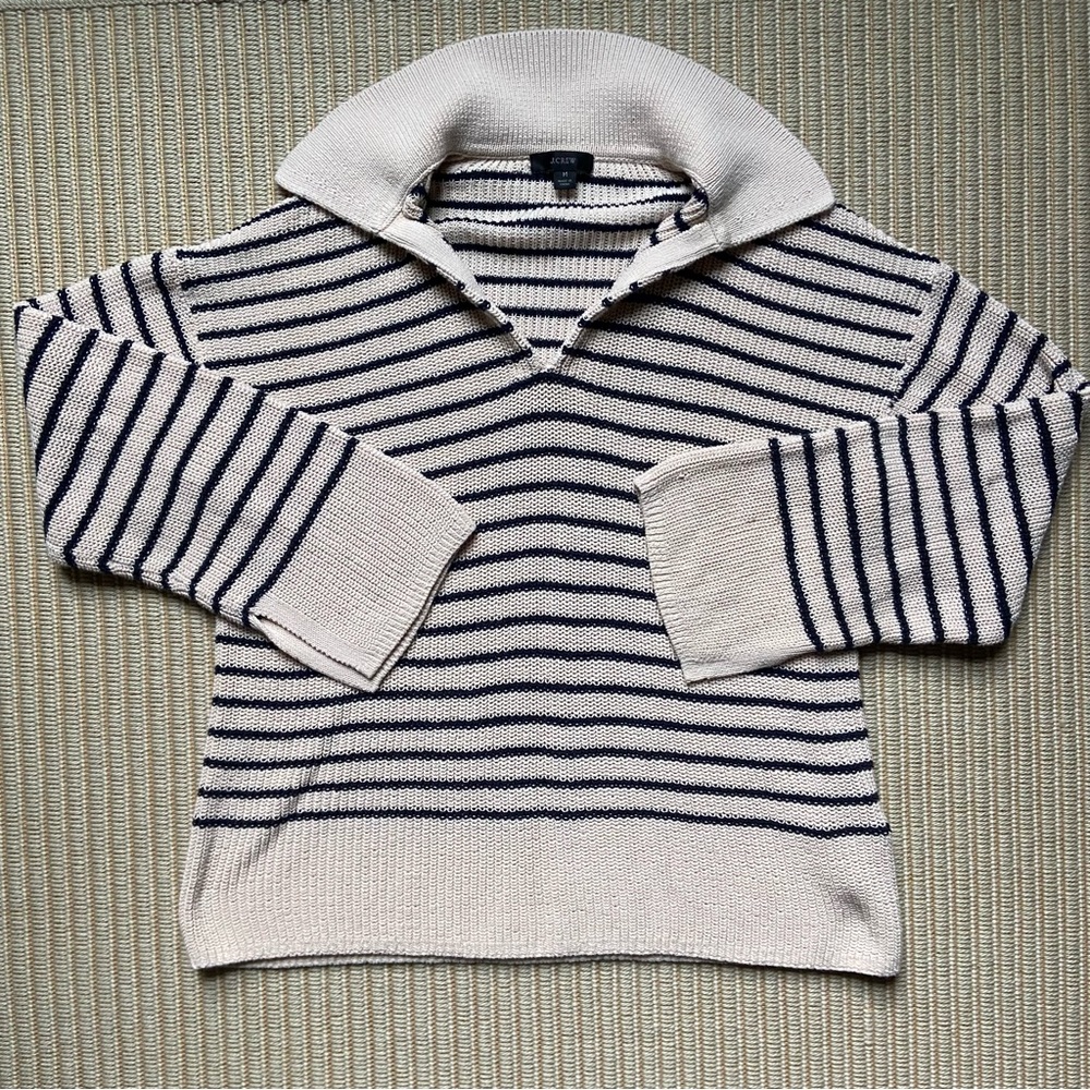 J. Crew Cream and Navy Striped Relaxed Collared Sweater